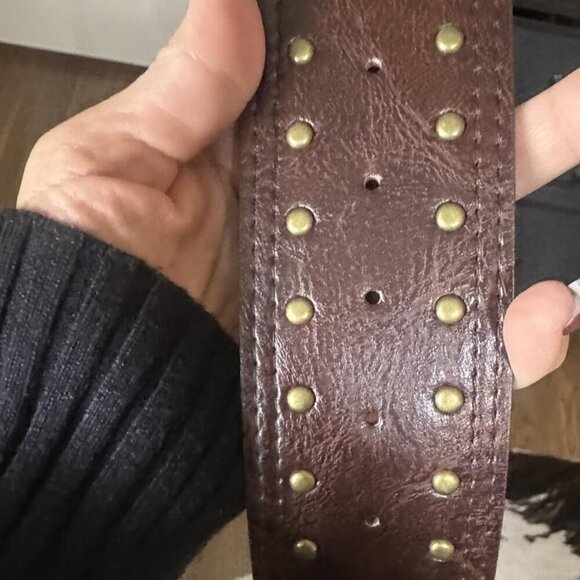 Wide Chunky Studded Brown Leather Vintage Style Waist Belt with Brass Buckle main image 7